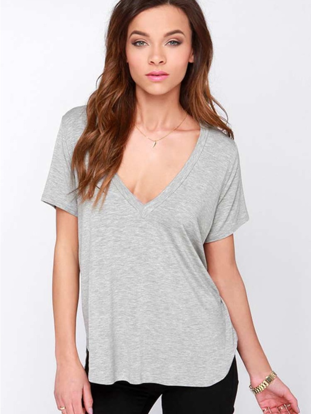 Misia Light Gray V-Neck Short Sleeve Top